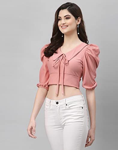 Image of Mehrang Women's Solid Ribbed Crop Tank Top Ribbed Tops for Women V-Neck 3 /4th Balloon Sleeves