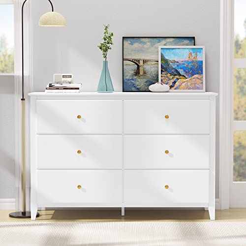 Sejov 6 Drawer Double Dresser Tv Stand, White Dresser For Bedroom, Wooden Dreeser With Gold Metal Handles, Wide Storage Space, Accent Storage Cabinet For Living Room, Bedroom, Kids Room,Hallway, White #TOP1