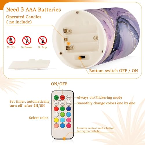 Image of Flickering Flameless Candles, Purple Marble Lavender Liquid LED Candles with Remote Timer, Set of 2 Battery Operated Candle for Valentine Wedding Birthday