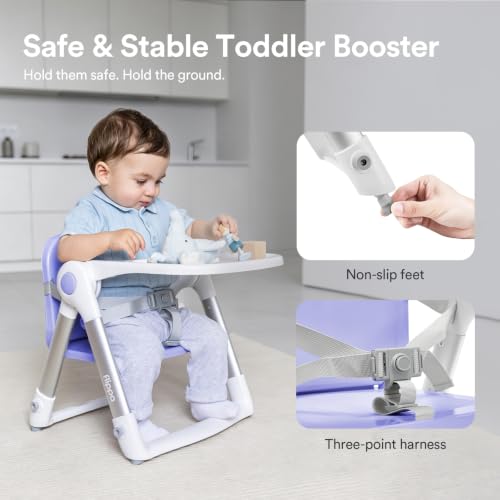 Image of Apramo 3-in-1 Toddler Booster Seat for Kitchen Chair & Dining Table with Removable Tray and Safety Straps, Portable& Foldable Babies Chair for Table, Feeding, Floor & Travel, Purple