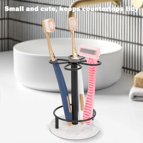 HarJue Toothbrush Holder Stand for Bathroom, Metal Toothbrush Organizer with Marble Base, Toothbrush Storage Collection for Family, Suitable for Home Hotel Countertop Vanity (Matte Black)