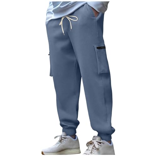 Mens Casual Sweatpants Loose Fit Pants Fashion Drawstring Elastic Waist Joggers Cuffed Trousers with Zipper Pockets Navy