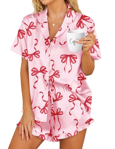 Image of HOTOUCH Womens Satin Pajamas Set Button Down 2 Piece Silk Pjs Shorts Set Ruffle Lingerie Notch Collar Sleepwear