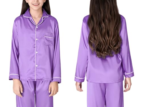 Beezizac Little & Big Girls Pajama Set Size 6-16 -Pink/Blue/Turquoise/Peach Satin Silky Cute Fall Winter Long Outfit2