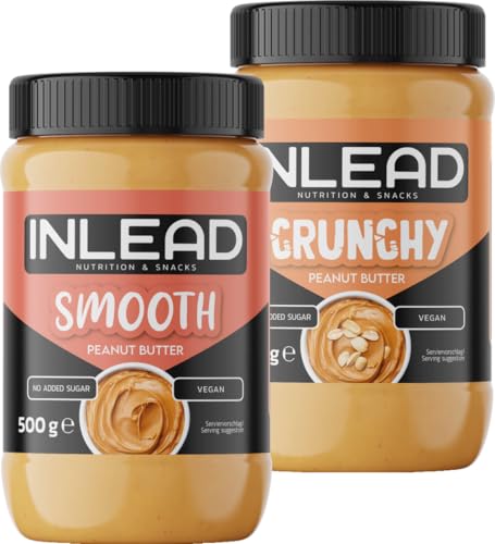 INLEAD - Peanut Butter | Mantequilla de cacahuete cremosa y sin azúcar, sin aceite de palma | Rica en proteínas | Aperitivo ideal para picar entre horas - 2x 500g (MIX - Smooth + Crunchy)