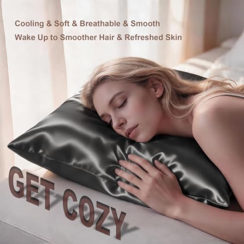 Image of LYSHIN Silk Pillow Cases 2 Pack Standard Size with Zipper, Dark Grey | 19 Momme Mulberry Silk Pillowcase for Skin and Hair, Anti-Acne, Hypoallergenic, Cooling, Beauty Sleep, Gifts for Women