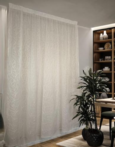 Cortina Visillo con Bordado Blanco, Cinta fruncidora, Ideal para salón o Dormitorio. Compatible con rieles de 140/170 cm, Altura Ajustable 180-279 cm. 280 x 230 cm.