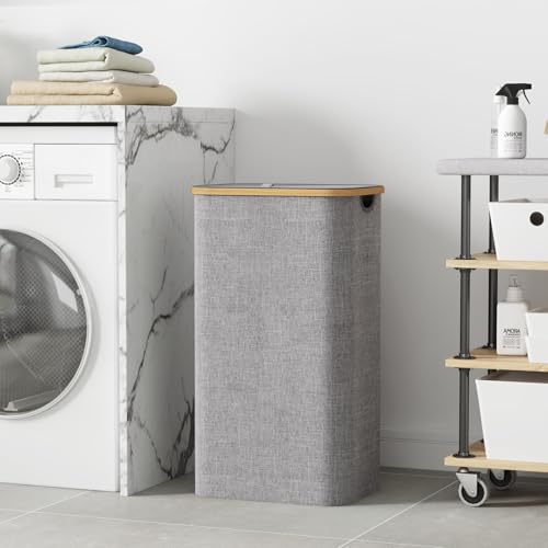 Lifewit 2 Pack 100L Laundry Basket with Lid, Clothes Hampers for Laundry with Bamboo Handles and A Removable Laundry Bag, Large Foldable Laundry Hamper for Bedroom, Bathroom, Dorm, Light Grey - Image 2