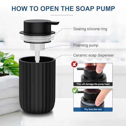 Image of Ceramic Foaming Soap Dispenser, 12 oz Bathroom Foam Hand Soap Dispenser, Refillable Lotion Soap Dispenser with Removable Pump for Kitchen Hand Wash Dispenser, Modern Home Decor(2Pack-Black)