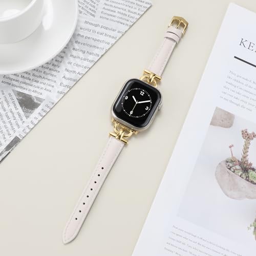 Image of Leather Band Compatible with Apple Watch Bands for Women, Dressy Fancy Strap for iWatch Series 11 /10 /9 /8 /7 /6 /5 /4 /3 /2 /1 /se(38mm 40mm 41mm 42mm,Starlight /Gold)
