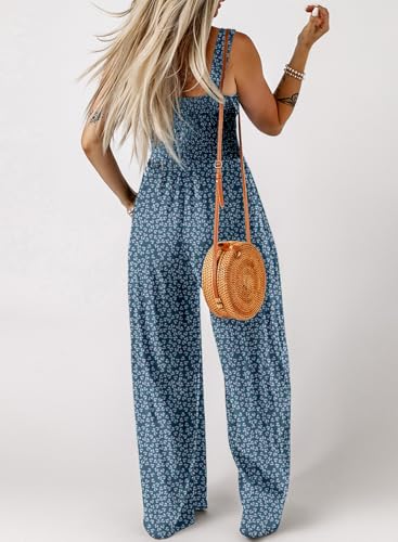 Dokotoo Jumpsuit Damen Sommer Blumenmuster Latzhose Casual Lose Overall Hohe Taille Ärmellos Playsuit Lang Romper Leicht Palazzo Sommerhose mit Träger, blau, M