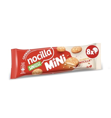 Nocilla, Mini Cookies, Blanca, Galletas con gota de confiteria de cacao, rellena con crema de leche con avellanas - Packs de 8 unidades - 64g