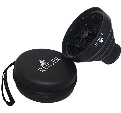Reicer Collapsible Diffuser Hair Dryer Made of Silicone, Portable, Great for Travel | Attachment for Curly Hair| Anti-Frizz, Beautiful Curls | Hard Case for Easy Storage | Nozzle 2.05 inch, Black