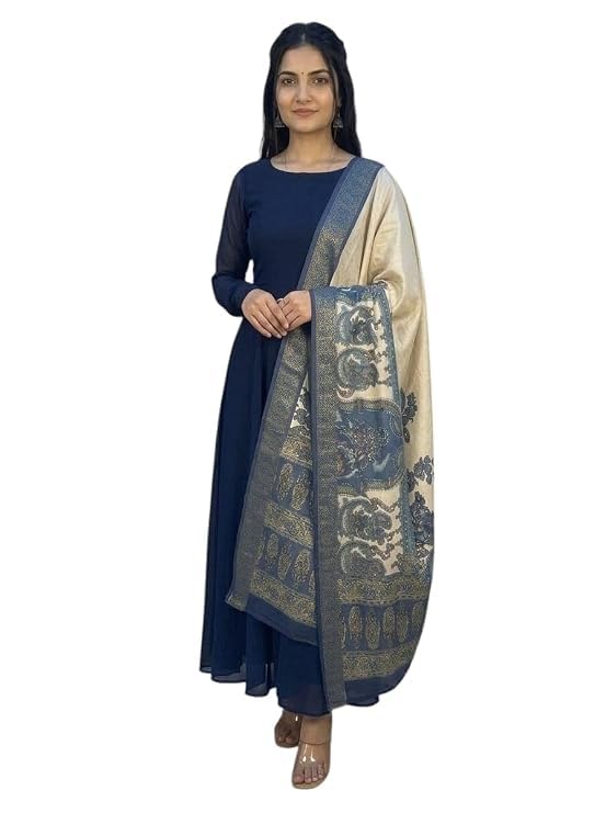 Women's Navy Blue Anarkali Gown with Printed Dupatta Kalamkari Dupatta, Full Sleeve, Flared Silhouette, Ethnic Wear, Trouser Included-picture-50