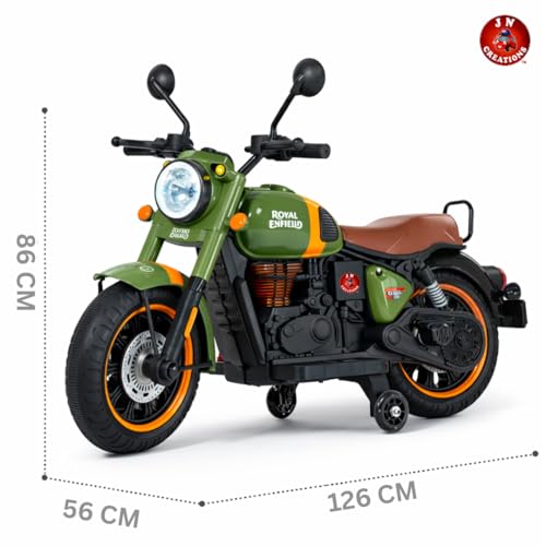 Image of BRoyal Enfield 12V Battery Operated Ride-On Classic-350 Bike for Kids | Rechargeable Electric Bike with LED Lights, Music & Horn | Ages 2-8 Years (Green)