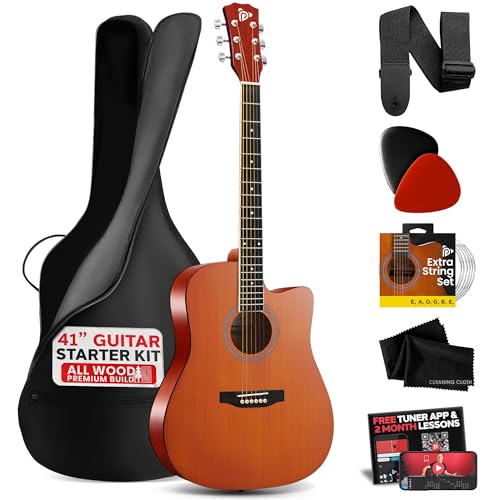 Pyle Steel String Acoustic Guitar Kit, 4/4 Full Size Cutaway All-Wood Guitarra Acustica with Premium Accessory Set and Upgraded Gig Bag, 41' Brown Glossy