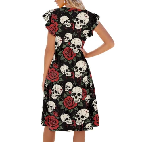 Image of Women's Casual Ruffle Sleeve Dress V Neck Pullover Dress Flowy A-Line Pleated Lightweight Dress with Pockets