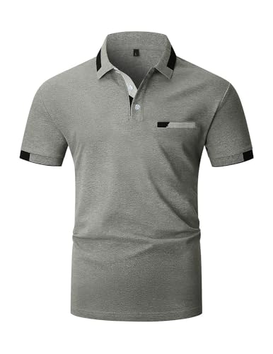 VHUQGVU Polo Homme Manches Courte Classic Check Cotton T-Shirt Regular Stand Collar Shirt with Pocket Golf and Rugby Chemise,Gris Y42,XL