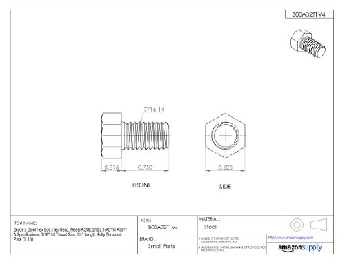 Image of Steel Hex Bolt, Grade 2, Plain Finish, Hex Head, External Hex Drive, Meets ASME B18.2.1 /ASTM A307, 3 /4 inch Length, Fully Threaded, 7 /16 inch-14 Threads (Pack of 100)