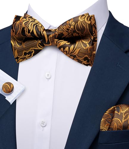 Image of YOHOWA Paisley Striped Men Bow Tie Pre-Tied Formal Adjustable Colorful Bowties Handkerchief Cufflinks Set Wedding Party