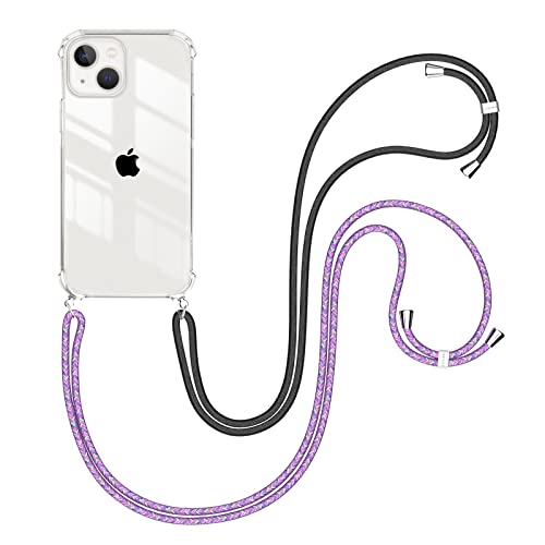 Caslord Funda con Cuerda para iPhone 13 6.1'', Carcasa Trransparente TPU con Correas, 2 Colgante Ajustable Collar Correa de Cuello Cadena Cordóns (Negro+Arcoiris Morado) Cover