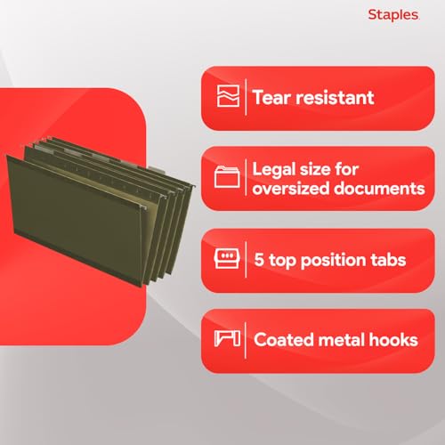 Image of Staples Hanging File Folders, Legal Size, 1 /5-Cut Tabs, Green, 50 /Pack | Reinforced top for durability; organizes documents in standard-size drawers.
