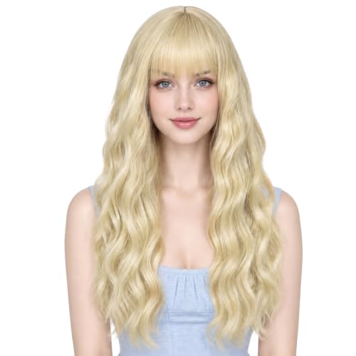 24" Long Curly Blonde Wig With Bangs Synthetic Wavy Blonde Wigs For Women