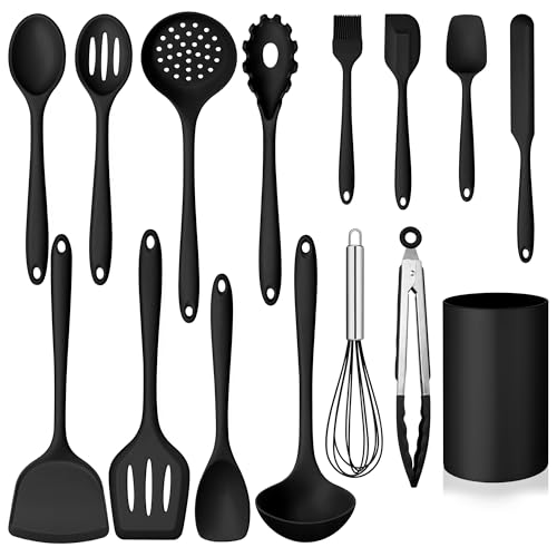 Silicone Cooking Utensil Set, Homikit 15pcs Kitchen Utensils with Holder for Nonstick Cookware, Heat Resistant Nontoxic Silicone Spatula Set Dishwasher Safe Kitchen Tools for Baking-Black