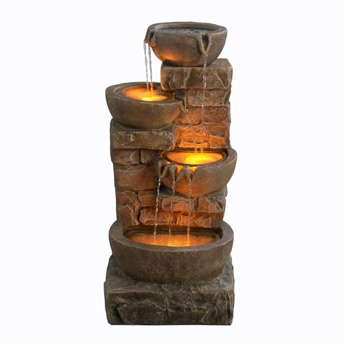 Image of Teamson Home 33.27 inch Cascading Bowls & Stacked Stones LED Water Fountain for Outdoor Living Spaces, Brown