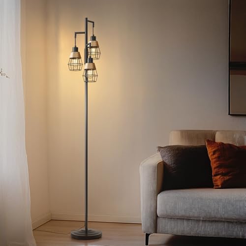 Image of Oneach 70 inch Floor Lamps for Living Room, Stepless Dimmable Boho Floor Lamp with 3 Bulbs, Tall Farmhouse Industrial Corner Standing Tree Lamp for Bedroom, Office, Study Room, Dining Room, Black