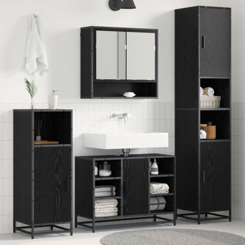 WRJENFSC - Juego de 4 armarios de baño, roble negro, 35 x 37,5 x 188,5 cm, de material derivado de la madera con espejo - Mueble bajo - Diseño moderno para baño pequeño, invitados, WC