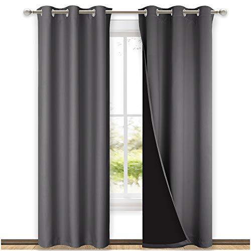 NICETOWN Grey Full Shade Curtain Panels, Pair of Thermal Insulated & Energy Efficiency Blackout Curtains for Living Room Windows, Lined Silky Window D