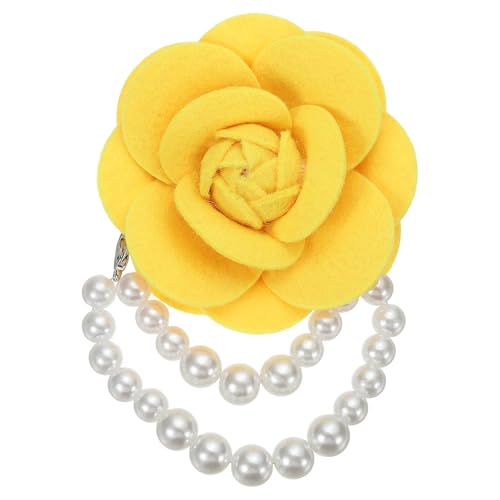 Image of PATIKIL Fabric Camellia Flower Brooches, Elegant Pearl Tassel Brooches Floral Pins Bracelet Dual Use for Women Suit Hat Dress Shirt Tie Corsage, Yellow