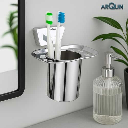 Image of Arquin Wall-Mounted Tooth Brush Holder for Bathroom, Tumbler Stand /304 Steel Bathroom Organizer with Glossy Finish Bathroom Accessories Chrome Finish Stand With Removable Cup (Aquarius Tumbler Holder)