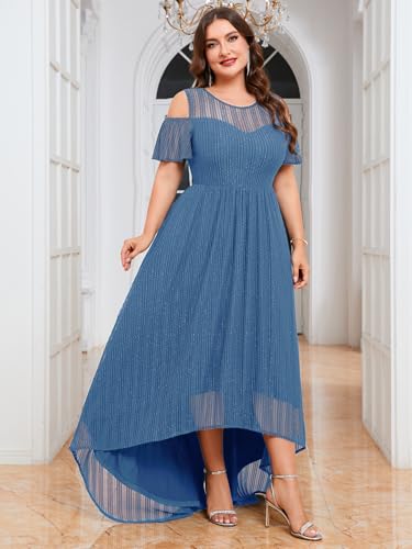 Image of ZOMVA Plus Size Sparkly Mesh Maxi Dress Cold Shoulder Ruffle Sleeve High Low A Line Dresses Wedding Guest Cocktail Party