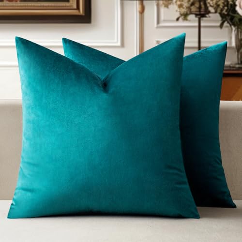 MIULEE Velvet Throw Pillow Covers 18x18 Inch, Pack of 2 - Teal, Super Soft Decorative Square Cushion Cases Modern Luxury Home Decor for Sofa, Couch, Bed, Chair with Invisible Zipper