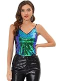 Allegra K Damen Top Ärmellos Pailletten Party Club Sparkle Glitzer Cami Tank Tops Bluse Grün blau S