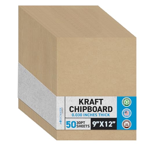 MagicWater Chipboard Sheet for DIY Projects - 9x12 Inch - 50 Pack - 30 pt - Heavy Duty Kraft (0.030 Inch Thick) Paperboard, For Scrapbooking, Books, Picture Frame Backing, Arts Project & Crafts