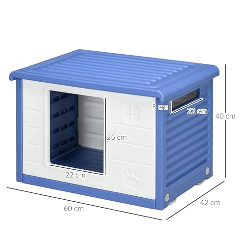 PawHut Hundehütte für den Außenbereich, aus Kunststoff, Haus für Hunde, mit Belüftungsöffnungen, wasserbeständig, Zwinger, Maße: 60 x 42 x 40 cm, Blau und Weiß