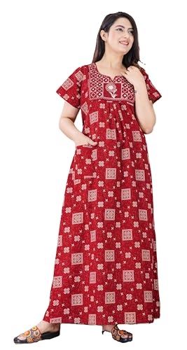Image of DIAMO Pure Cotton Embroidery Nighty for Women, Night Gown for Woman, Cotton Nighty for Women, Maxi Night Gown Nighty with a Pocket and Adjustable Knot (Free Size)