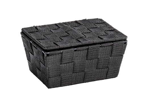 WENKO Aufbewahrungskorb mit Deckel Adria Schwarz - Badkorb, Polypropylen, 19 x 10 x 14 cm, Schwarz