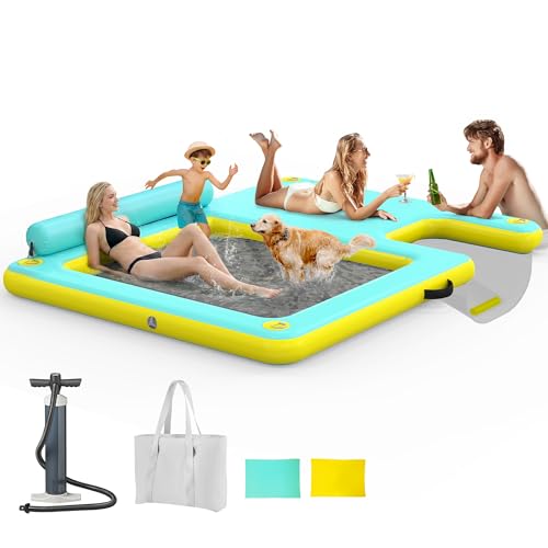 Inflatable Floating Dock 10FT x 7FT, Large Inflatable Water Platform w/Hammock, Thickened Non-Slip Dog Ramp, Floating Mat Pool Float Island Raft for Lakes, Boat, Beach, Pools