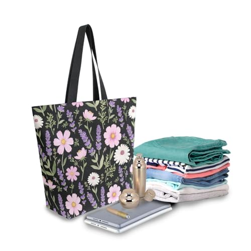 Extra Large Shoulder Tote Bag for Beach Travel Weekender Gym Lavender Pink Flower Pattern Reusable Grocery Canvas Shopping Bag3