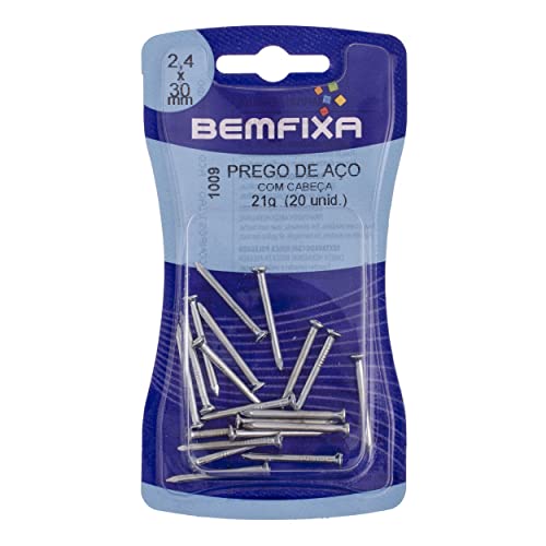 BemFixa 1009 Prego Aço com Cabeça, 2.4 x 30 mm, 20 unidades, PRATA