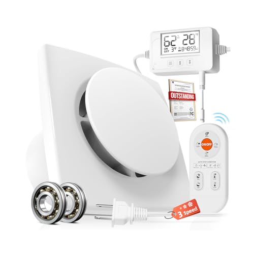 3 Speed Bathroom Exhaust Fan with Humidity Sensor & Remote Control, Timer Humidity & Temperature Control Quiet Upgraded 2600RPM Bathroom Fan for Attic Basement Garage P119A(4 inch Exhaust Fan)