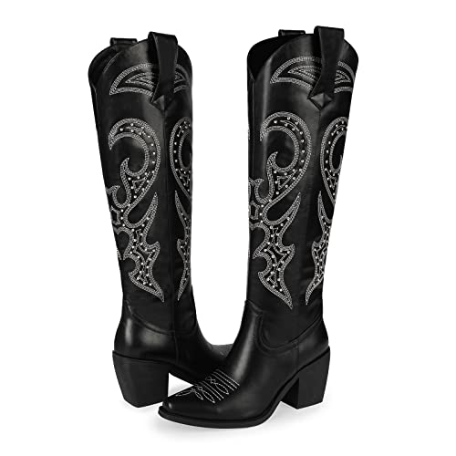 Wetkiss Black Cowboy Boots For Women Black Cowgirl Boots Western Boots Women Knee High Tall Cowboy Boots Women Boots Knee High Botas Vaqueras Para Mujer Cowboy Cowgirl Costume For Women #TOP1
