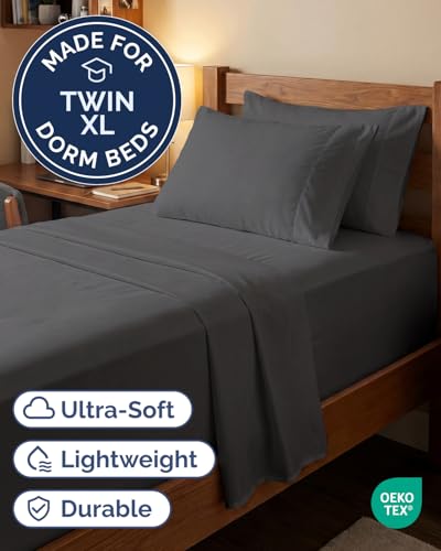 Image of Extra Deep Twin XL Sheet Set - 4 Piece Breathable and Cooling Sheets - Grey | Hotel Luxury Bed Sheets Set, Easy & Secure Fit, Ultra-Soft, Wrinkle & Fade Free, Comfy Sheets Set with Extra Deep Pockets