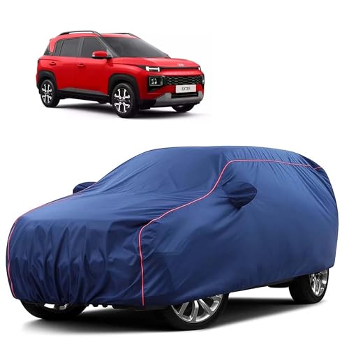 Image of Sulfar 100% Water Resistant Car Body Cover Compatible with Mirror for Hyundai Exter (Triple Stitched, Full Bottom Elastic, Blue Tafetta with Red Piping)