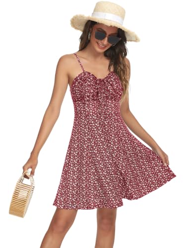 Image of Missufe Spaghetti Strap Floral Mini Dress Women's Casual Ruched Front Drawstring Swing Sundress