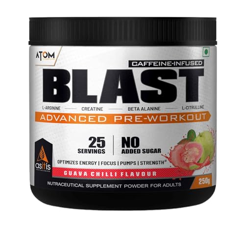 Image of AS-IT-IS ATOM Blast Advanced Pre-workout 250gms | Caffeine & L- Arginine Infused | Optimizes Energy | Increase Strength & Pumps | Guava Chilli flavour